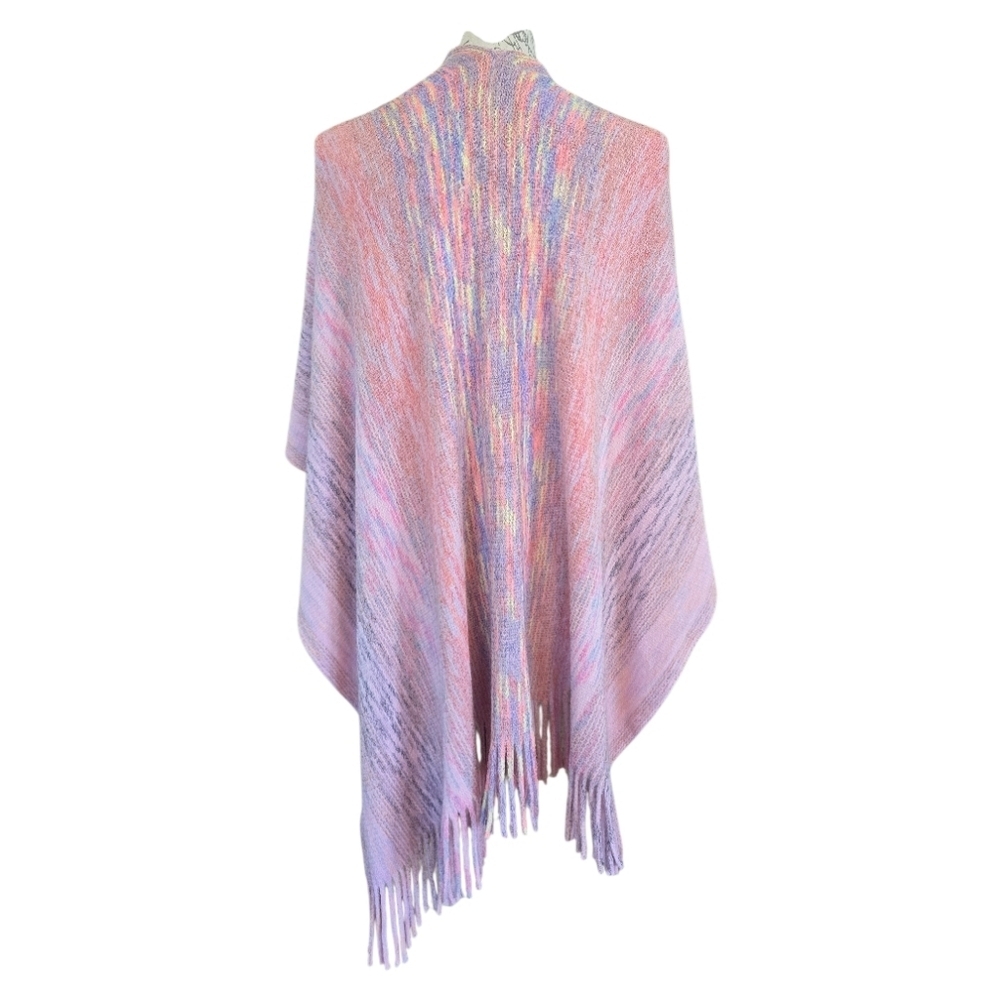 Pink Rainbow Faux Fur Pom Pom Fringe Assymetrical Poncho Wrap - Picture 3 of 7